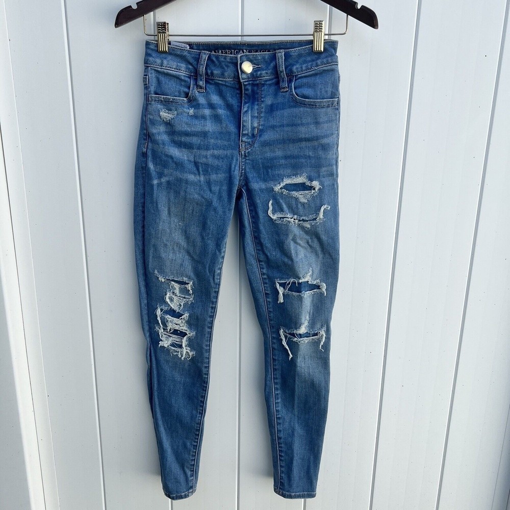 American Eagle Super Stretch Jegging Skinny Size 0 Short Medium Wash Distressed